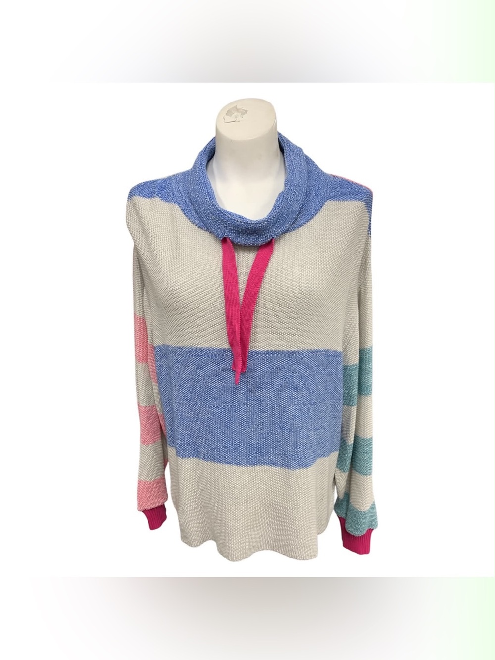 Parkhurst Colorblock Cowl Neck Sweater in Blue, Pink, Cream Size M
